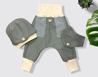 Conjunto de calça e gorro de lã infantil, calça harém de lã infantil, calça de lã merino com bolsos, cor menta, gorro de lã, tamanho 80/86