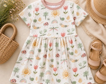 Kinder Sommerkleid Sommerwiese mit Blumen und Insekten, Mädchenkleid kurzarm und knielang, ausgestelltes Kinderkleid, auch langärmelig