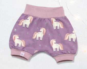Korte babybroek met haremprint en eenhoornmotief, paars | Zomerbroekje voor baby's | Handgemaakte shorts met boordjes | Broekjes voor jongens en meisjes | Babycadeau