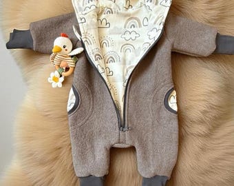 Combinaison de marche beige foncé, combinaison de marche bébé avec broderie au dos, 100% laine mérinos, doublure en jersey, taille 62-68