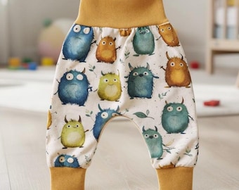 Baby Monster Harembroek | Handgemaakte katoenen jersey broek | Kinderbroek met een leuk monstermotief | Groeibroek voor baby's en kinderen
