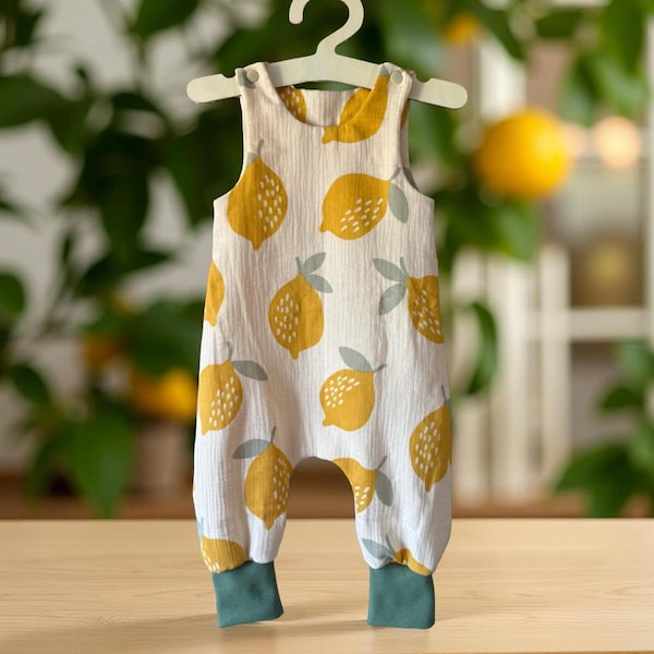 Muslin romper with large lemons, muslin romper, muslin dungarees, handmade, grow-with-me romper, summer