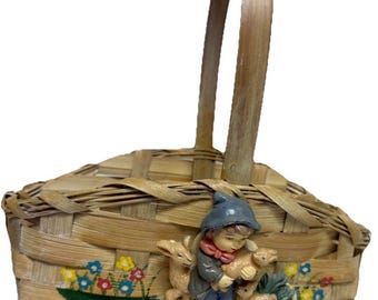 Vintage Woven Basket w/ 3-D Figurine Child Playing with Lambs Cottagecore Retro