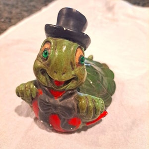 Vintage ceramic art turtle statue figurine with top hat and bow tie cottagecore