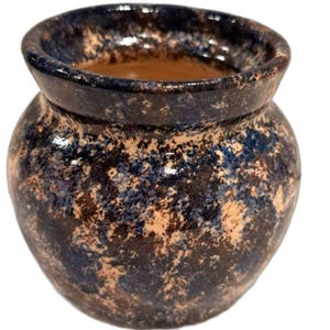 Recipiente pequeño vintage de cerámica hecha a mano con esmalte azul jaspeado, 3,5 pulgadas de alto/ancho.