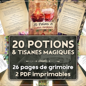 Könnte beinhalten: Eine Collage von Bildern mit einem Zauberbuch mit 20 magischen Tränken und Kräutertees. Der Text lautet "20 Potions & Tisanes Magiques" und "26 pages de grimoire 2 PDF imprimables".