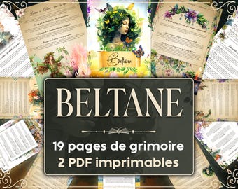 Può includere: Un'illustrazione digitale di un grimorio per la celebrazione di Beltane. L'immagine presenta una donna con fiori nei capelli e una farfalla sulla spalla. Il testo "Beltane" è scritto in un font decorativo. L'immagine è circondata da pagine di testo con illustrazioni floreali.