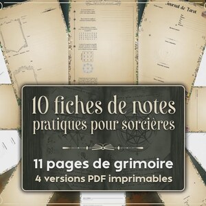 Peut inclure: Ensemble de pages PDF imprimables avec une esthétique vintage. Les pages comprennent des modèles pour le journalisme, la prise de notes et les lectures de tarot. Le panneau central indique "10 fiches de notes pratiques pour sorcières" et "11 pages de grimoire".