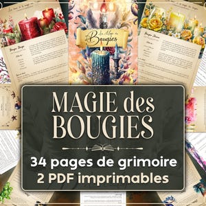 Op de afbeelding: Een collage van afbeeldingen met kaarsen en Franse tekst. De tekst luidt "La Magie des Bougies" en "34 pages de grimoire 2 PDF imprimables".