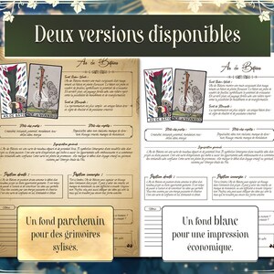 May include: Two versions of a tarot card, the Ace of Wands, are shown. The card on the left has a parchment background, while the card on the right has a white background. The text on the cards is in French. The text below the cards reads "Un fond parchemin pour des grimoires stylis&eacute;s." and "Un fond blanc pour une impression &eacute;conomique."