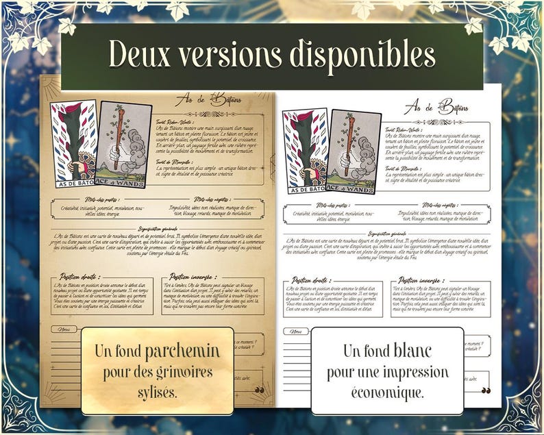 May include: Two versions of a tarot card, the Ace of Wands, are shown. The card on the left has a parchment background, while the card on the right has a white background. The text on the cards is in French. The text below the cards reads "Un fond parchemin pour des grimoires stylis&eacute;s." and "Un fond blanc pour une impression &eacute;conomique."