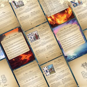 May include: A set of tarot cards with illustrations of various scenes and characters. The cards are laid out on a table with a background of a vintage, parchment-like texture. The cards are part of a larger set of tarot cards.