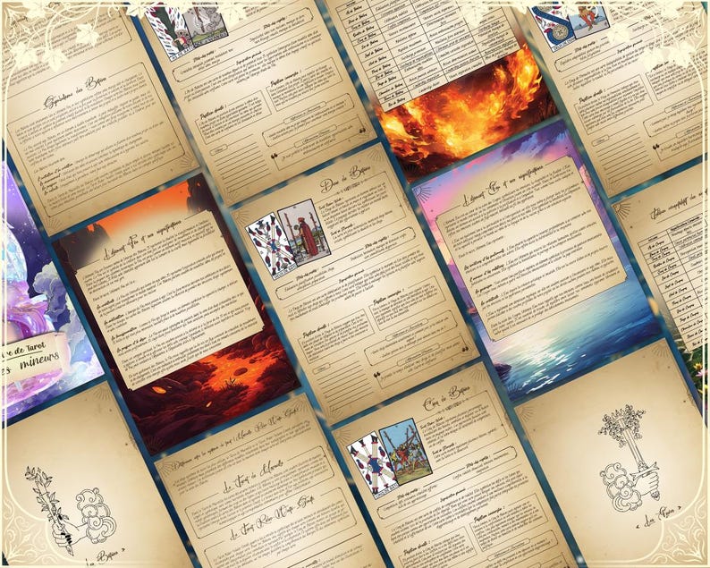May include: A set of tarot cards with illustrations of various scenes and characters. The cards are laid out on a table with a background of a vintage, parchment-like texture. The cards are part of a larger set of tarot cards.