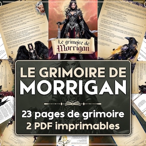 May include: A digital download featuring a fantasy grimoire. The image displays the title "Le Grimoire de Morrigan" with the text "23 pages de grimoire 2 PDF imprimables." The design includes illustrations and aged paper textures.