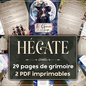 Op de afbeelding: Een digitale download van een 29 pagina's tellend grimoire gewijd aan de Griekse godin Hecate. De omslag toont een donkerharige vrouw in een zwarte heksenhoed en een jurk, die voor een volle maan staat. De tekst luidt "Le Grimoire d'Hecate".
