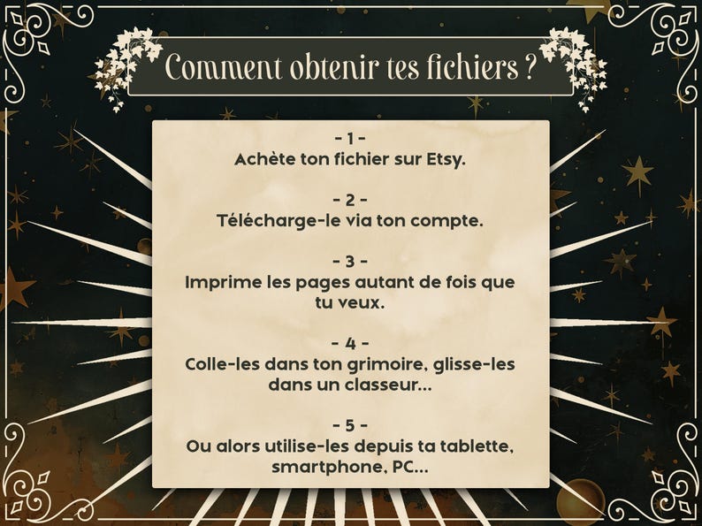 May include: A graphic with a gold and black background with a white text box. The text box contains instructions on how to obtain files, including purchasing on Etsy, downloading, printing, and using on a tablet, smartphone, or PC.