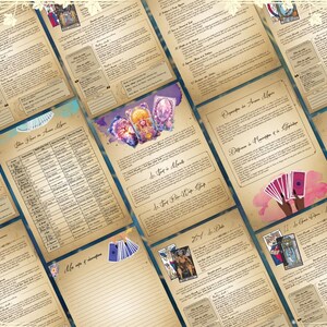 May include: A collection of pages from a tarot deck guidebook. The pages are decorated with a vintage aesthetic and feature illustrations of tarot cards, including the Queen of Pentacles, the Tower, and the Star. The pages also include text in French, such as "Le Tour de la Carte" and "Diff&eacute;rence de la Magie et de l'Esprit."