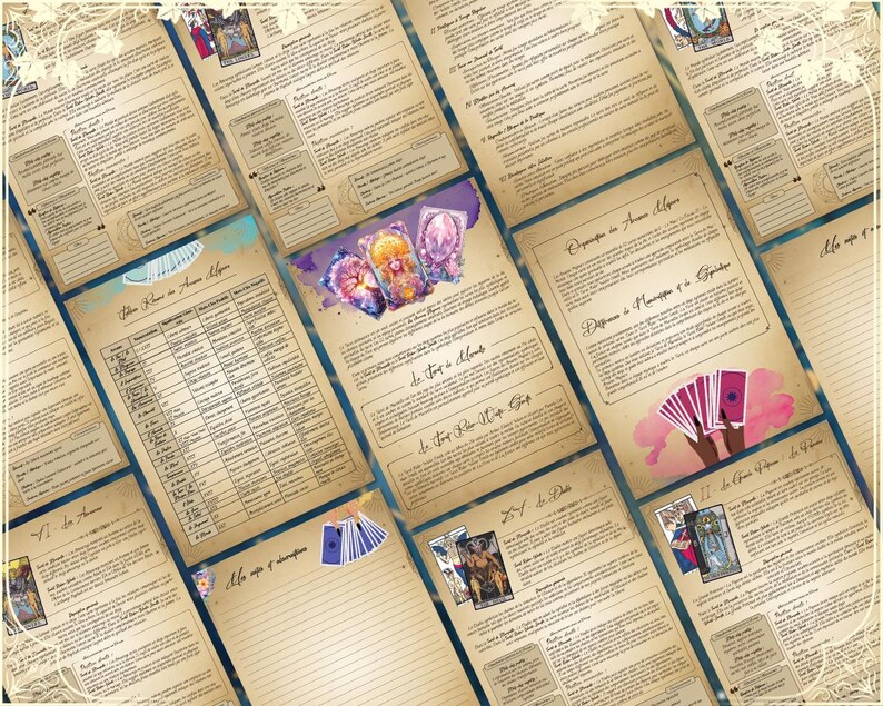 May include: A collection of pages from a tarot deck guidebook. The pages are decorated with a vintage aesthetic and feature illustrations of tarot cards, including the Queen of Pentacles, the Tower, and the Star. The pages also include text in French, such as "Le Tour de la Carte" and "Diff&eacute;rence de la Magie et de l'Esprit."