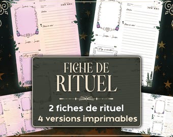 Può includere: Due pagine di pianificatore di rituali stampabili con uno sfondo verde scuro e il testo "FICHE DE RITUEL" e "2 fiches de rituel 4 versions imprimables".