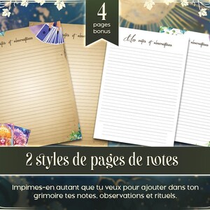 May include: Two printable pages for a grimoire or spell book. One page has a vintage look with lined paper and a tarot card design. The other page is white with lined paper. The text on the image reads "Mes notes d'observations" and "4 pages bonus".