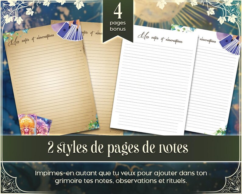 May include: Two printable pages for a grimoire or spell book. One page has a vintage look with lined paper and a tarot card design. The other page is white with lined paper. The text on the image reads "Mes notes d'observations" and "4 pages bonus".