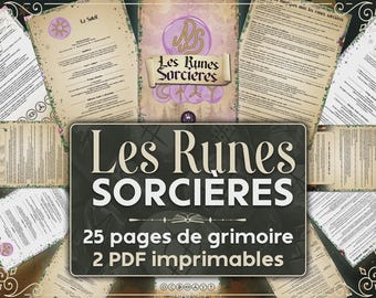 May include: A digital download featuring a grimoire with the title "Les Runes Sorcieres". The image includes 25 pages of grimoire content and 2 printable PDFs. The design incorporates vintage paper textures and decorative elements.