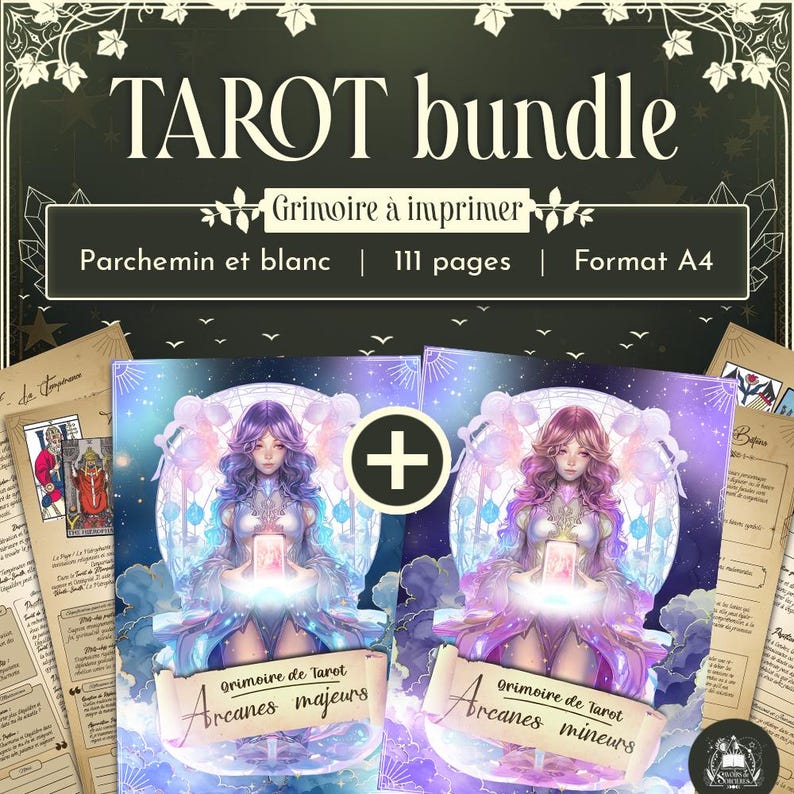May include: A printable tarot deck bundle with two illustrated cards, one featuring a woman with purple hair and the other with pink hair. The cards are labeled "Grimoire de Tarot Arcanes Majeurs" and "Grimoire de Tarot Arcanes Mineurs". The text "Grimoire &agrave; imprimer, Parchemin et blanc, 111 pages, Format A4" is also visible.