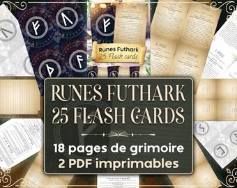 May include: A set of 25 printable rune flash cards with an 18-page grimoire. The cards feature a black background with white runes and a white border. The grimoire is a book of runes with a brown background and white text. The text on the image reads "Runes Futhark 25 Flash Cards 18 pages de grimoire 2 PDF imprimables".