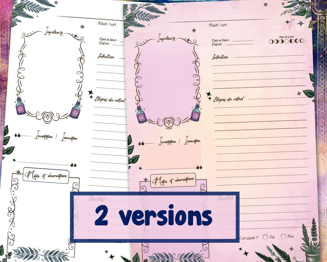 Fiche de Rituel à Imprimer - Grimoire de Sorcières, 2 Versions & 2