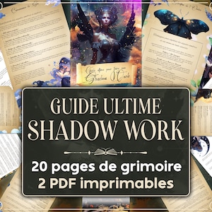 Peut inclure: Un guide de travail de l'ombre avec le titre "Guide Ultime Shadow Work" et le texte "20 pages de grimoire 2 PDF imprimables". Le guide présente des images d'une femme avec des ailes, d'un papillon et d'un chat.