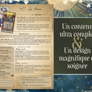 May include: A tarot card reading guide with a vintage aesthetic. The card shown is The Lovers, with a description of the card's meaning and symbolism. The guide includes information on the card's meaning in upright and reversed positions, as well as its significance in different spreads. The text is in French.