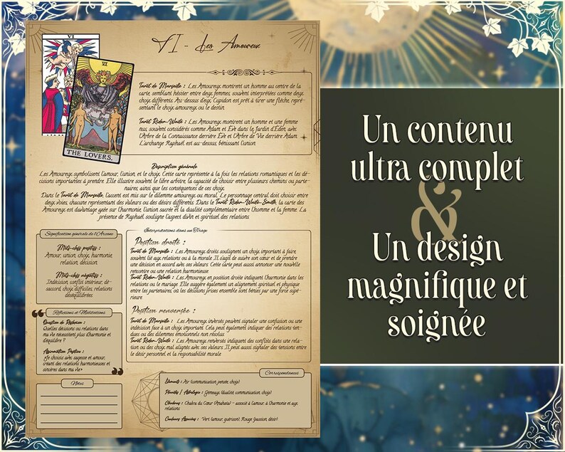 May include: A tarot card reading guide with a vintage aesthetic. The card shown is The Lovers, with a description of the card's meaning and symbolism. The guide includes information on the card's meaning in upright and reversed positions, as well as its significance in different spreads. The text is in French.