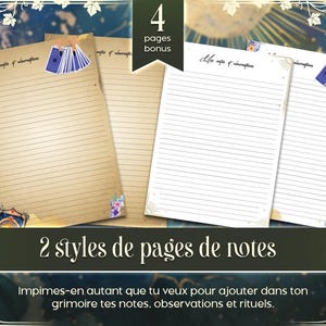 May include: Two printable pages for a grimoire or spell book. One page has a vintage look with lined paper and a card illustration. The other page is white with lined paper and a card illustration. The text on the page reads "Mes notes et interpretations". The text at the bottom of the image reads "2 styles de pages de notes" and "Imprimes-en autant que tu veux pour ajouter dans ton grimoire tes notes, observations et rituels."