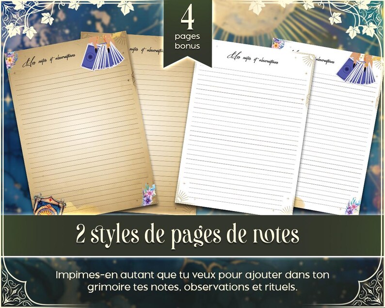 May include: Two printable pages for a grimoire or spell book. One page has a vintage look with lined paper and a card illustration. The other page is white with lined paper and a card illustration. The text on the page reads "Mes notes et interpretations". The text at the bottom of the image reads "2 styles de pages de notes" and "Imprimes-en autant que tu veux pour ajouter dans ton grimoire tes notes, observations et rituels."