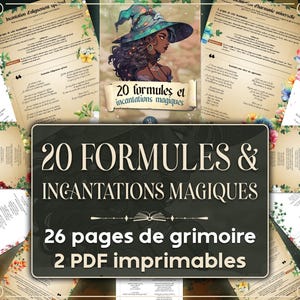 Puede incluir: Un collage de páginas de un grimorio imprimible con 20 fórmulas e  incantaciones mágicas. Las páginas están decoradas con ilustraciones florales y presentan una bruja con un sombrero turquesa y cabello oscuro. El texto dice "20 FORMULES & INCANTATIONS MAGIQUES" y "26 pages de grimoire 2 PDF imprimables".