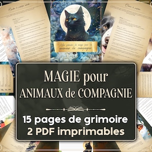 Könnte beinhalten: Eine Collage aus Bildern mit einer schwarzen Katze, einem Hund und einem Kaninchen, mit dem Text "MAGIE pour ANIMAUX de COMPAGNIE 15 pages de grimoire 2 PDF imprimables". Die Bilder sind von einem dekorativen Rahmen umgeben.