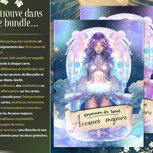 May include: A purple and white tarot deck with a woman holding a card in a dreamlike setting. The text on the cover reads "Grimoire de Tarot Arcanes Majeurs".