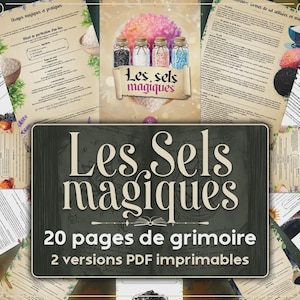 Könnte beinhalten: Ein Bild mit Seiten mit Text und Illustrationen, umgeben von einem zentralen Schild mit der Aufschrift "Les Sels magiques" (Magische Salze). Das Schild zeigt auch "20 Seiten Grimoire" und "2 PDF-Versionen druckbar".