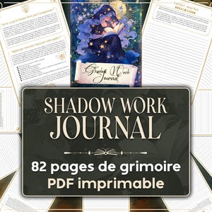 Peut inclure: Un journal de travail de l'ombre numérique avec un fond vert foncé et le titre "Shadow Work Journal". La couverture du journal présente une illustration d'une personne lisant sous un ciel étoilé. Comprend 82 pages imprimables.