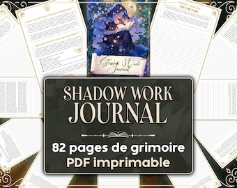 Può includere: Un diario digitale Shadow Work con sfondo verde scuro e il titolo "Shadow Work Journal". La copertina del diario presenta un'illustrazione di una persona che legge sotto un cielo stellato. Include 82 pagine stampabili.