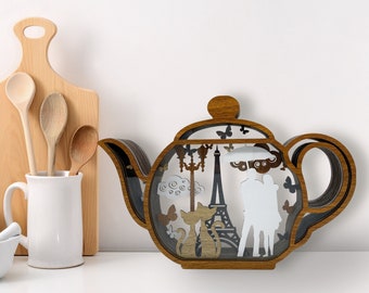 Rustic Wood Teapot Shelf Decor, Kitchen and Cafe Wall Art, Bar Decor Accent