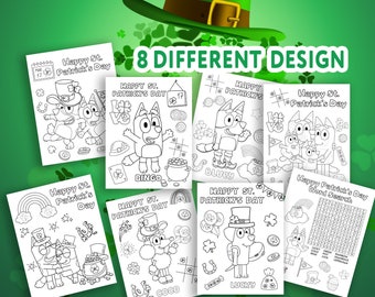 8 Bluey St Patrick’s Coloring Pages and Word Search,  3 Pack Activity Sheet Digital Download, Holiday Sheets for Kids