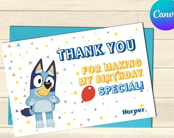 Editable Bluey and Bingo Birthday Party Thank You Card, Disney Girl or Boy Party Thanks Card, Greeting Cards DIGITAL FILE_4