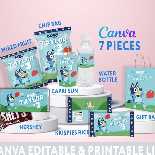 Editable Bluey Kids Birthday Party Bundle, Bluey and Bingo Wrapper Kit, Party Supplies, Caprisun Chip Bag Rice Krispies Labels CANVA