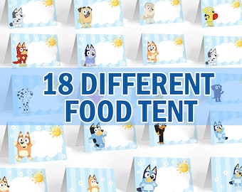 18 diferentes tarjetas de lugar de fiesta de cumpleaños de Bluey y Bingo, etiqueta de comida de decoración de fiesta, suministros de fiesta de Bluey, tarjeta de centro de alimentos