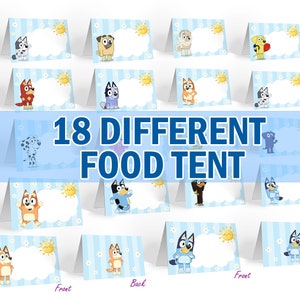 18 Different Bluey and Bingo Birthday Party Place Card, Party Decor Food Label, Bluey Party Supplies Favor Food Center Card imagem 1