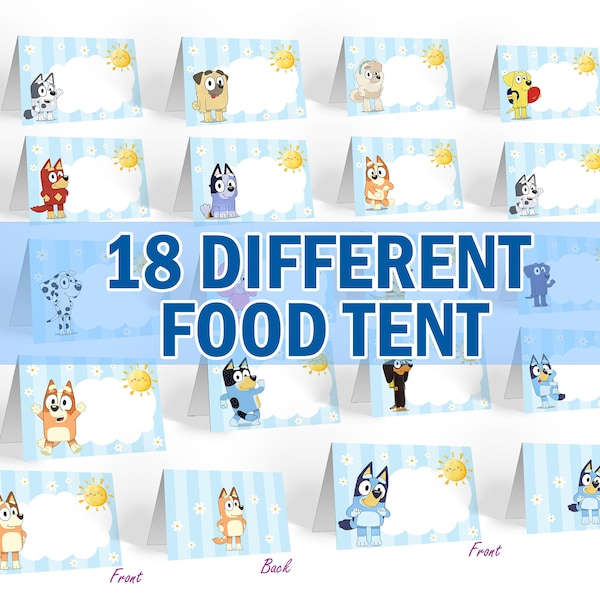 18 Different Bluey and Bingo Birthday Party Place Card, Party Decor Food Label, Bluey Party Supplies Favor Food Center Card