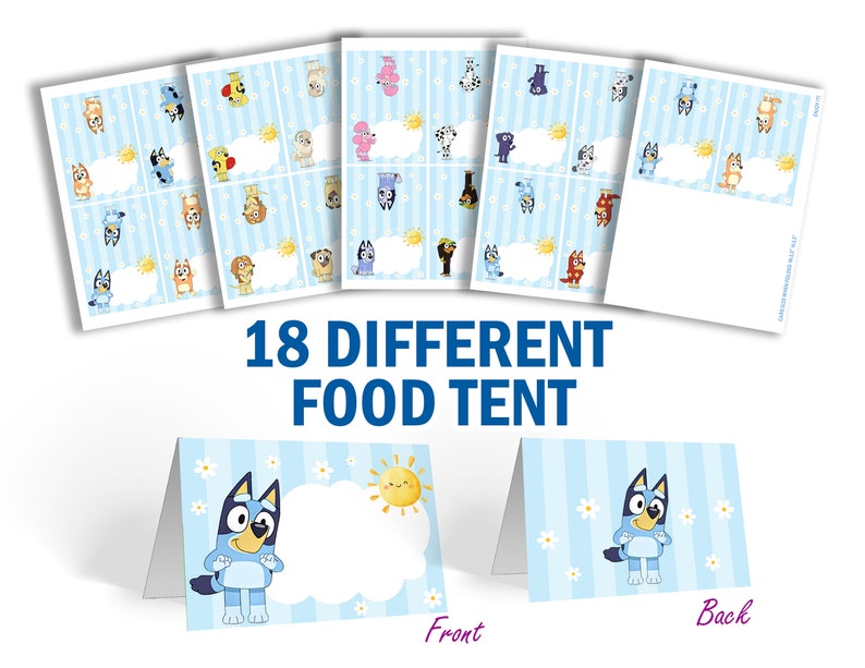 18 Different Bluey and Bingo Birthday Party Place Card, Party Decor Food Label, Bluey Party Supplies Favor Food Center Card imagem 2