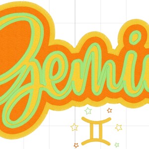 May include: Orange and green layered design with the word "Gemini" in a cursive font. The Gemini zodiac symbol is below the word with stars around it.
