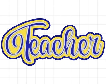 May include: A blue and yellow embroidered patch with the word "Teacher" in a stylized font.